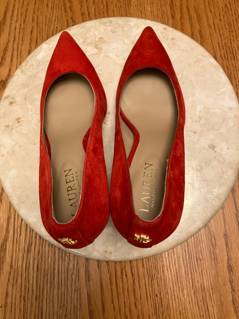 Lauren Ralph Lauren Red Suede Pointed Kitten Heel Pumps